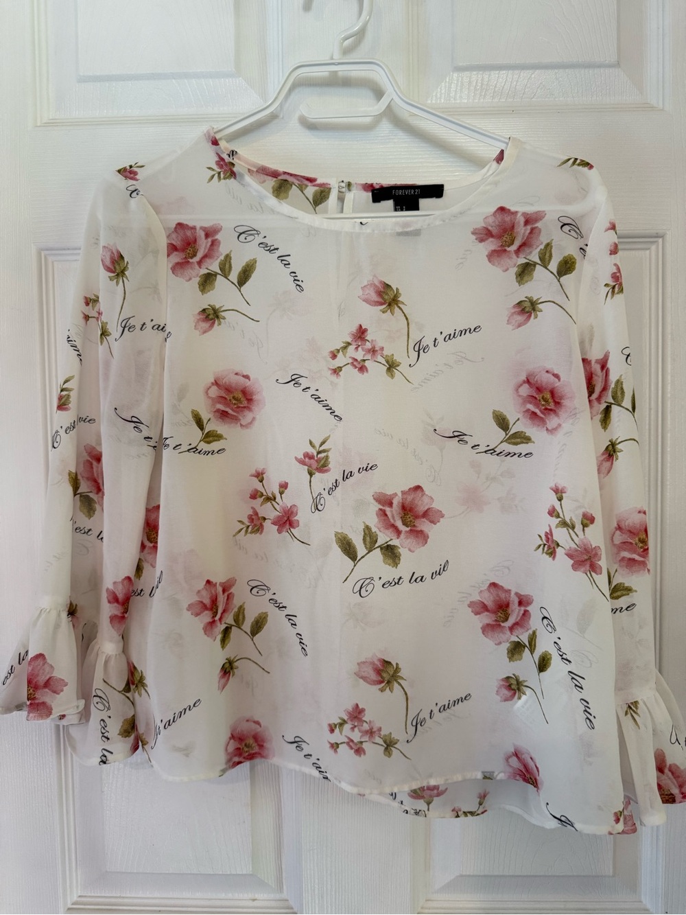 Forever 21 Romantic Floral "C'est La Vie" Bell Sleeve Chiffon Blouse - Size S